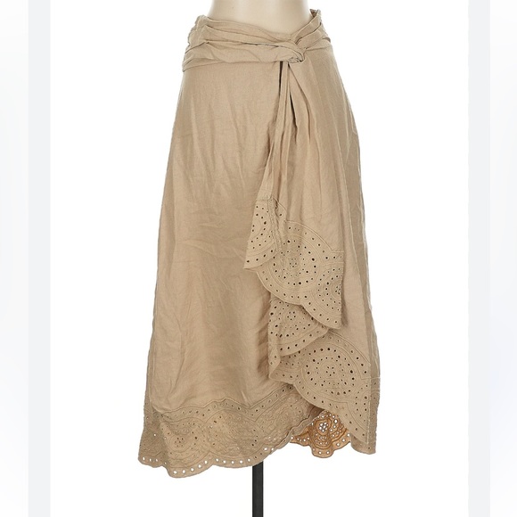 Jason Wu Dresses & Skirts - Jason Wu Embroidered Eyelet tan front ruffle handkerchief faux-wrap linen skirt